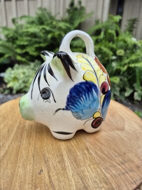 Vintage Hand-Painted Mexican Folk Art Tonala Piggy Bank - Solid Clay No Plug